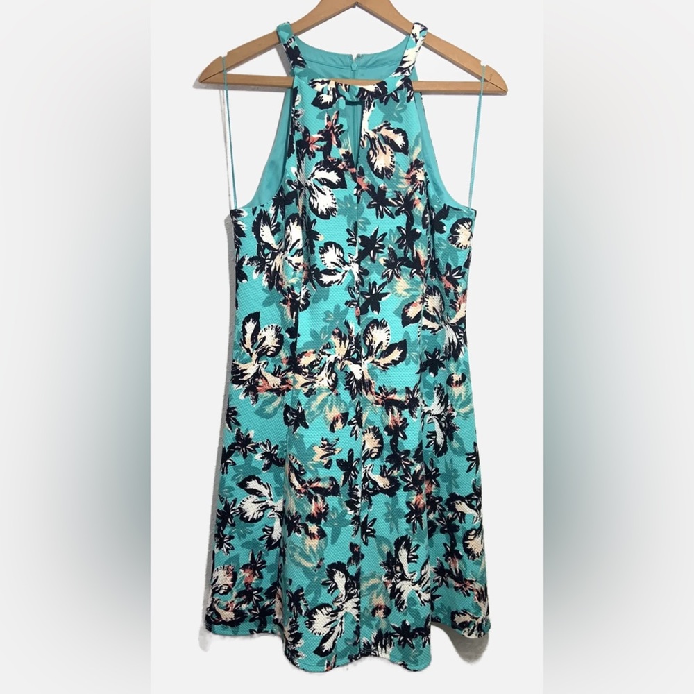 Wisp Kylar Teal Textured Floral Halter Dress Size 14P Petite